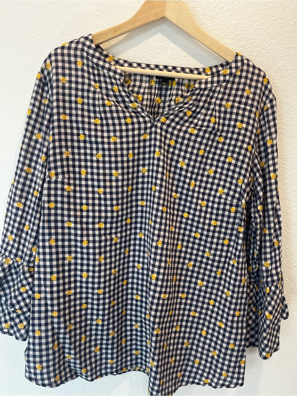 Talbots Navy Gingham Blouse with‎ Yellow Floral Dots